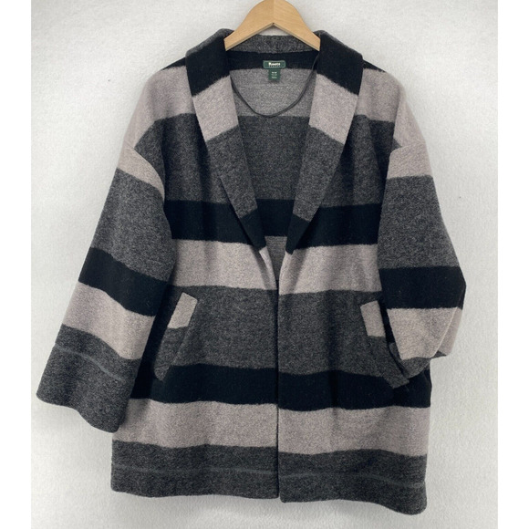 ROOTS CANADA Cardigan Womens M Boiled Wool Blend Striped Open Front Gray Black - Picture 1 of 12